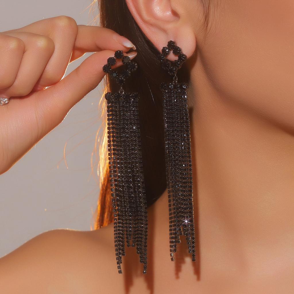 Stylish black electrophoresis long fringed earrings