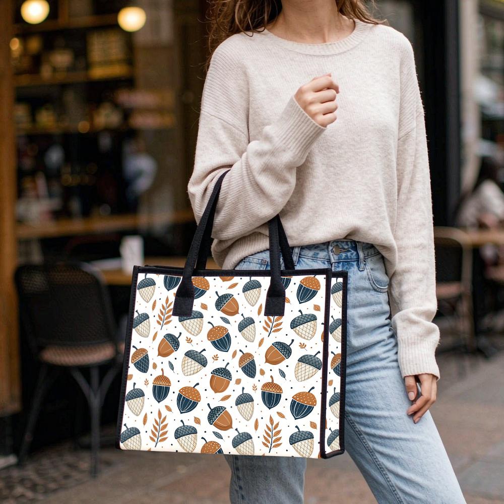 Autumn Acorn Pattern Casual Tote Bag Lightweight Portable Reusable Daily Shopping Handbag