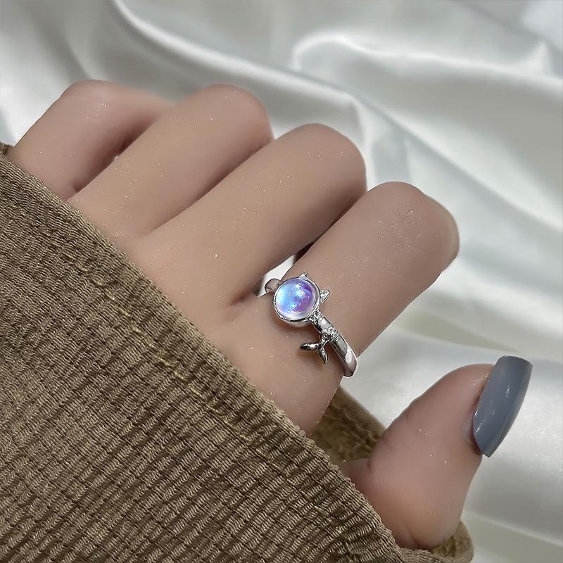 God Meowning Iridescent Månestein Kattunge Fiskehale Ring - Søt Bestie Qixi-gave
