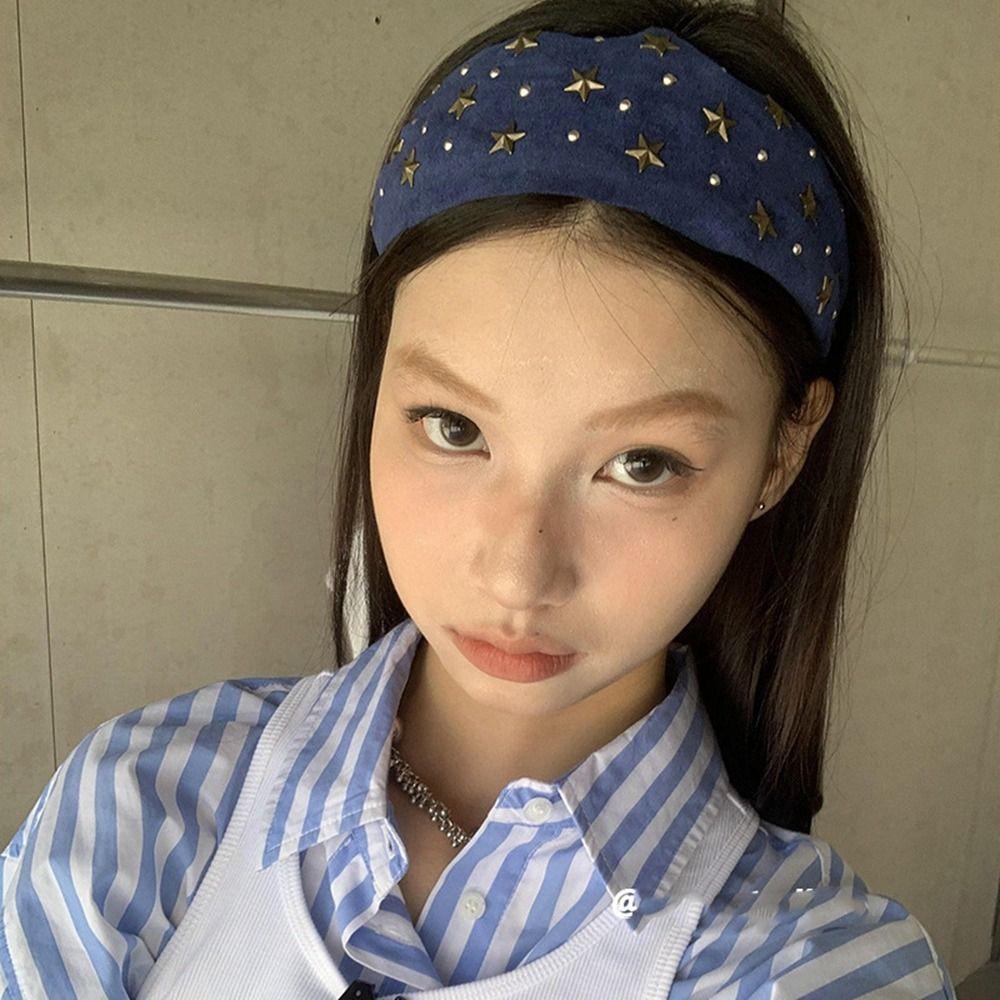 Colth Wide Star Rivet Headband Spicy Girl Retro Hair Hoop Wide Edge Hairband  Makeup