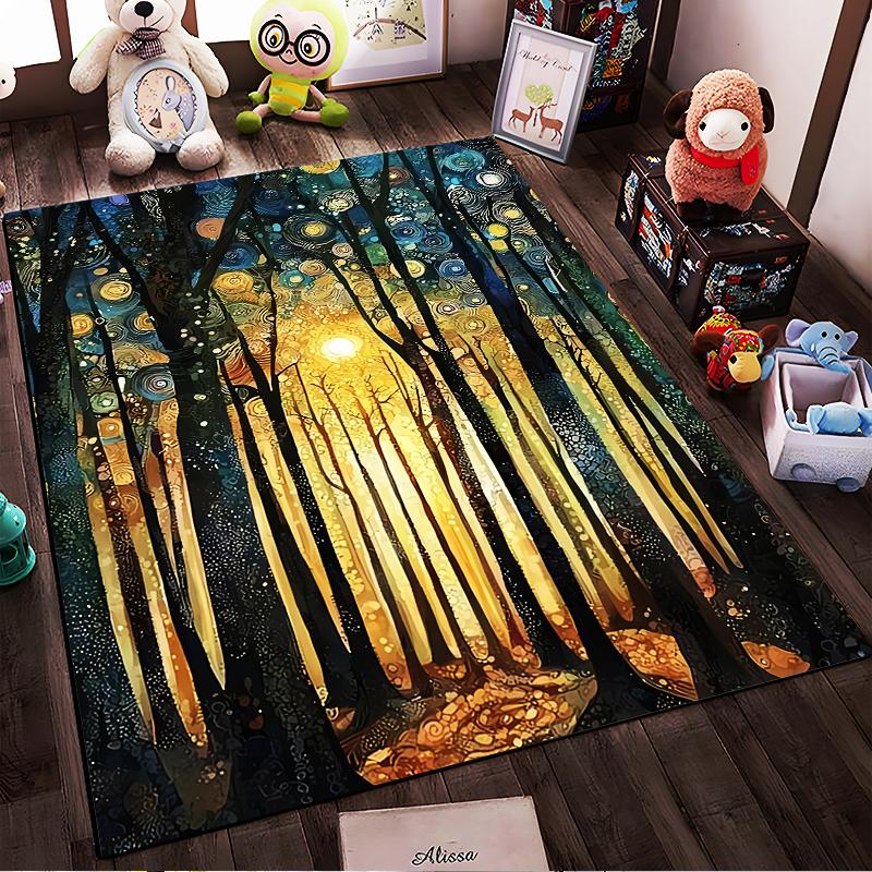 Abstract Forest Sunset Carpet with Golden Light and Artistic Design Suitable for Use As an Anti-slip for Living Room Bedroom Sofas