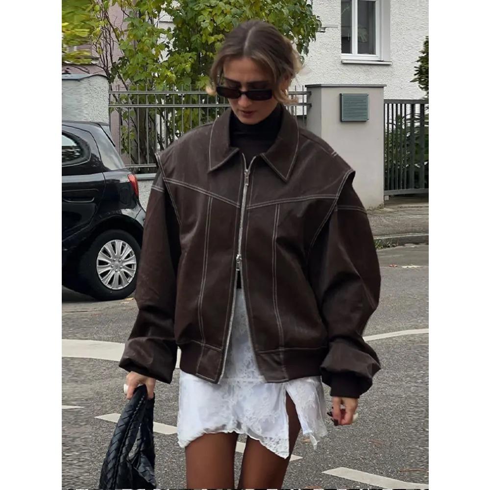 Women Zipper Leather Bomber Jackets Coats Oversized Contrast Stitch Lapel Long Sleeve Jacket Motorcycle Autumn Outwear Tops