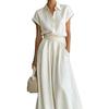 Women White Short Sleeve Shirt Maxi Dress Casual Lapel Button Down Loose Fit