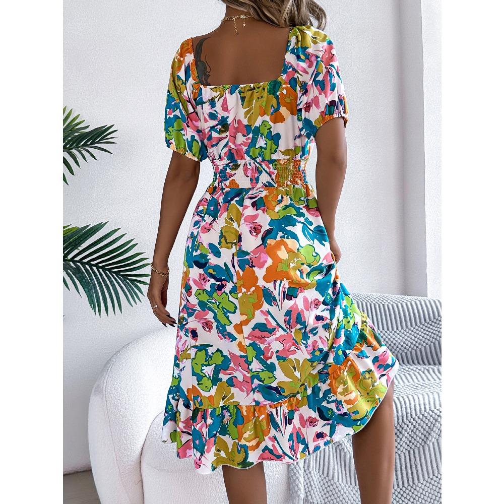 Rochie Florală de Damă Rochie Casual Florală cu Gât Pătrat Mânecă Scurtă cu Volan în Talie Rochie A-Line Rochii Largi