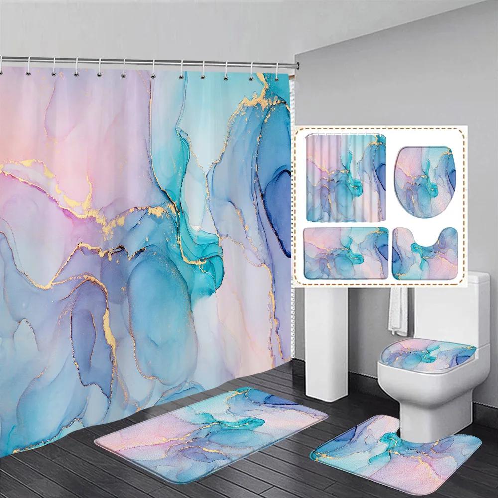 Marble Shower Curtain Set Creative Watercolor Ink Art Geometric Modern Bathroom Decor Floor Rug Bath Mats Toilet Lid Cover