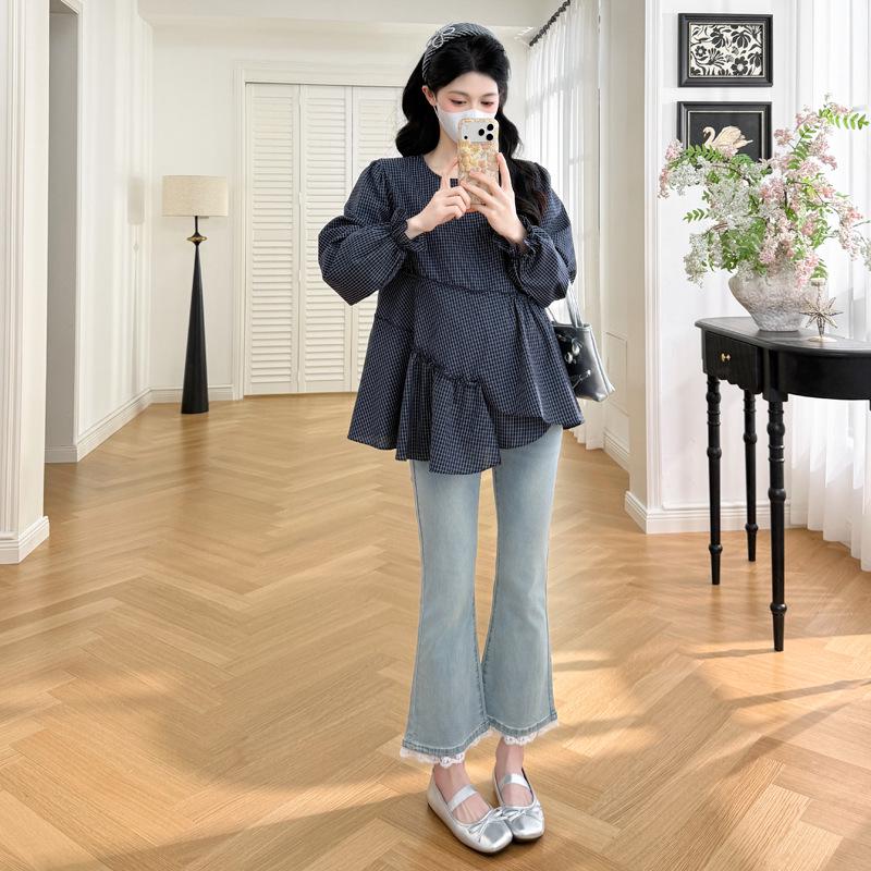 Spring 2026 Retro Korean Plaid Maternity Loose Doll Shirt Medium
