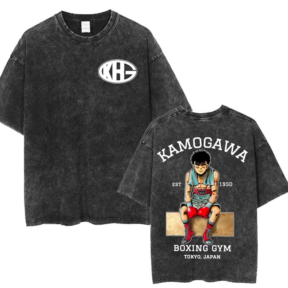 Anime Hajime No Ippo Makunouchi Vintage Washed Tshirt Takamura KGB T Shirts Kamogawa Boxing Gym Tshirt Men Manga Retro Tshirts