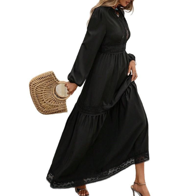 Minimalist Solid Color Long Sleeve A-Line Dress With Lace Trim High Waist Everyday Wear