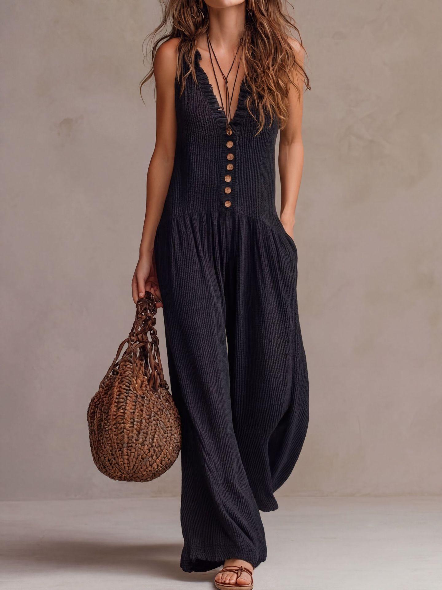 

Women Sleeveless Wide Leg Jumpsuit Button Front V Neck Casual Loose Fit Summer Romper with Adjustable Straps Pockets M чёрный