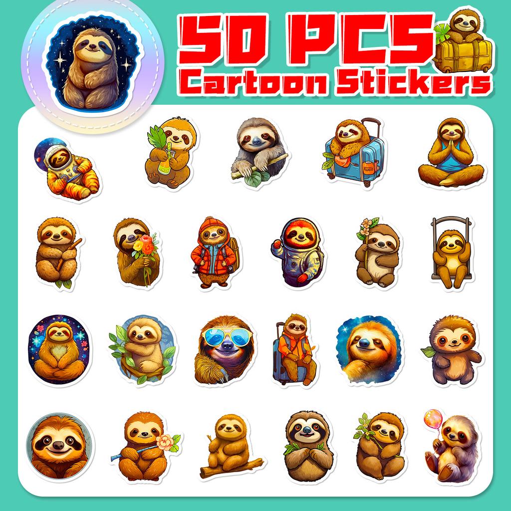 50 Cartoon Cute Sloth Stickers Cute Sloth Doodle Stickers