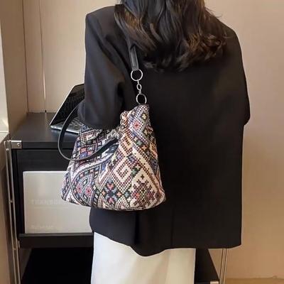 Women'S Canvas Shoulder Bags Eco Reusable Retro Ethnic Shopper Fashion Large Capacity Handbags Casual Simple Bag