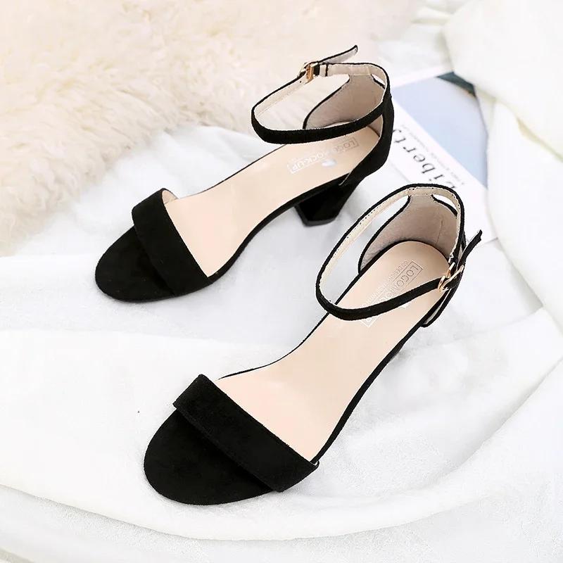 

Casual Cow Suede High Heel Sandals for Women Fashion Summer Solid Buckle Strap Ladies Shoes Square Toe Pu Women s Sandals