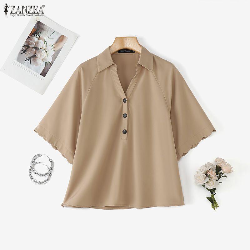 ZANZEA Women Classic Collar Loose Casual Half Sleeve Blouse
