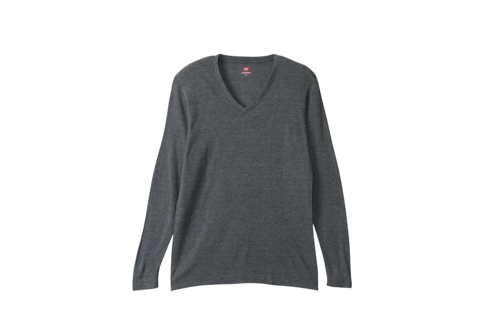 Hanes Long Sleeve Size L Size Men's V-Neck T-Shirt (HM4-Q509A), Charcoal, (Japan L)