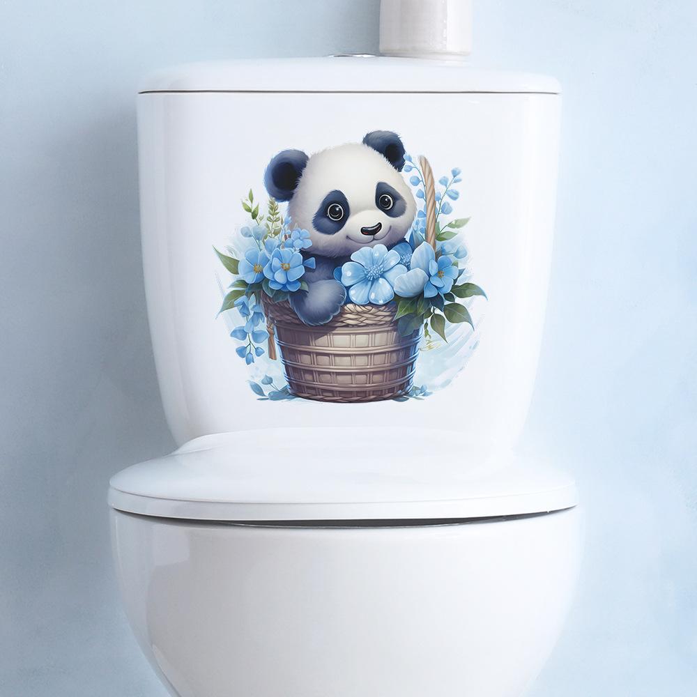 Playful Panda with Flower Basket Toilet and Wall Sticker Set Waterproof Self-Adhesive Removable Decal for Bathroom WC Home Decor