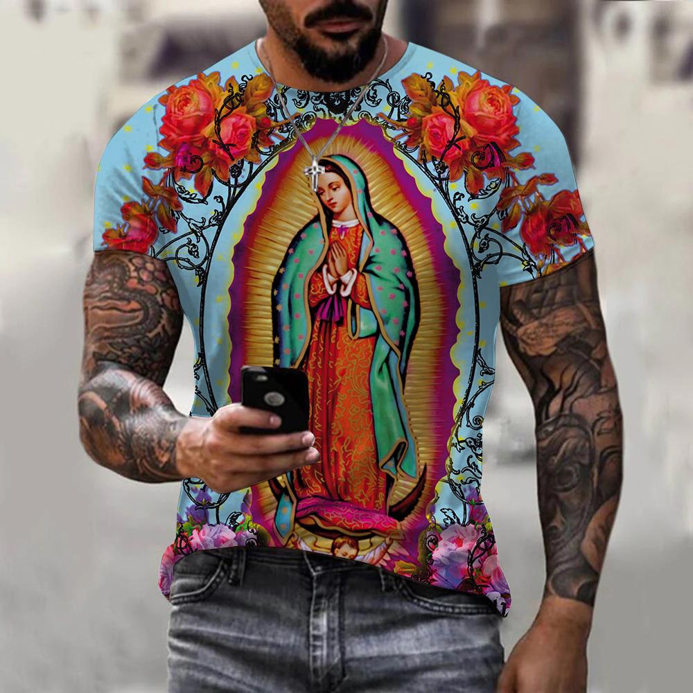 Summer Round Neck 3D Guadalupe Virgin Mary Catholic Print Top Fashionable Casual Short Sleeved Men's T-shirts