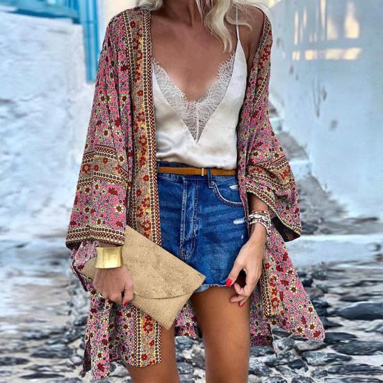 Long Sleeve Sun Protection Women Cardigan Quick Drying Summer Open Front Bohemian Floral Printed Shirt for Beach