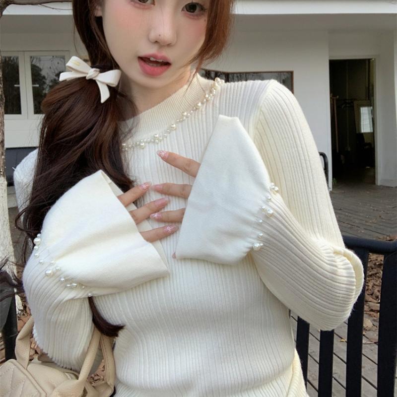 

Осенний новый вязаный свитер с длинным рукавом и бисером, женский зимний облегающий базовый пуловер, свитера для женщин, модные элегантные однотонные теплые джемперы, топы 24868 One Size белый