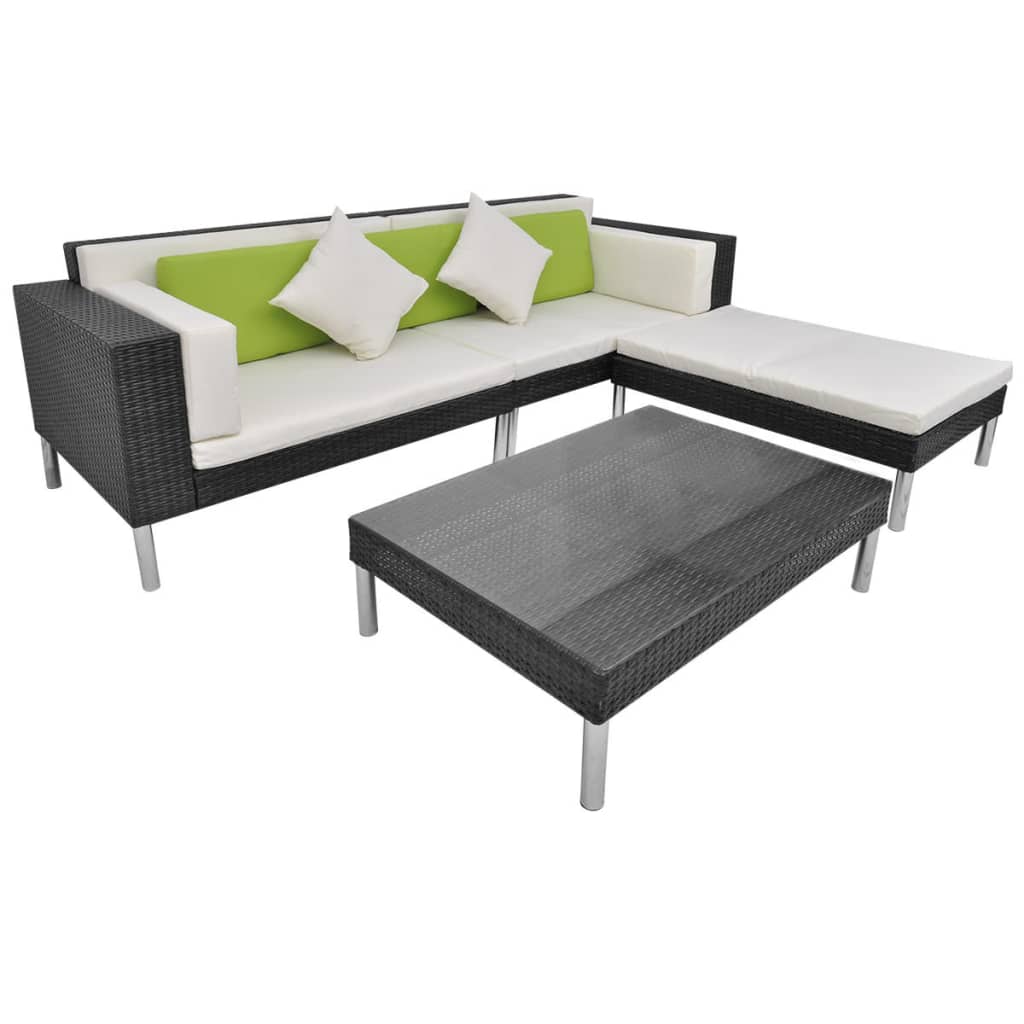 4 piece garden lounge set with cushions poly rattan black