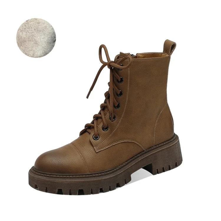 Fashion HOT Fall Shoes Round Toe Thick Heel Women Shoes Winter Women Boots Split Leather Boots Casual Platform Boots Motorcycle Boots