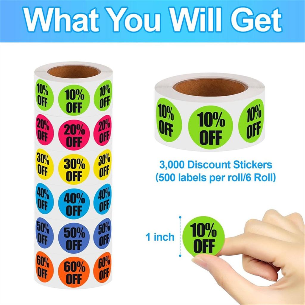 BHBL 3000 Pieces Percent Off Sticker 10 to 60 Percent Stickers Labels Adhesive Labels Sale for Retail Store,1 Inch,6 Rolls