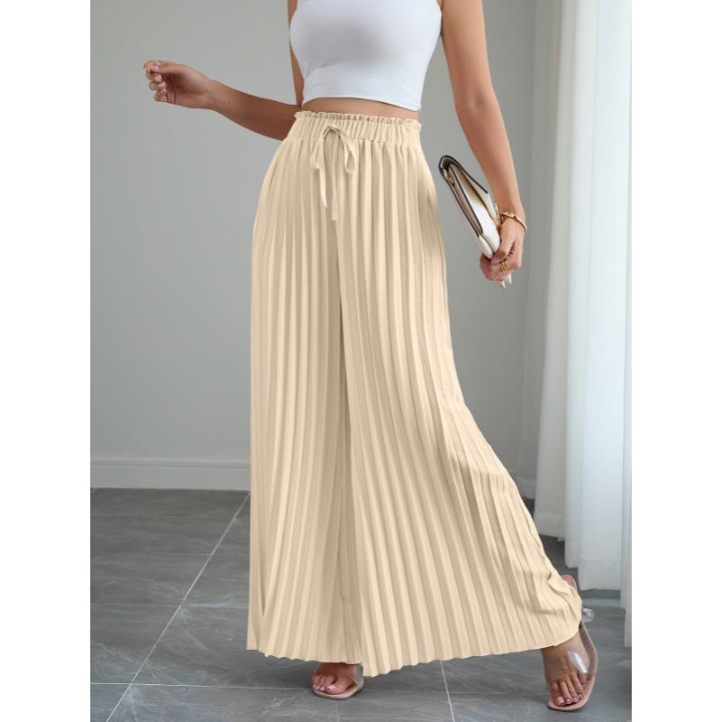 Fashion Loose Pleated Women's Long Pants Solid Color New Folded Elastic Waist Strap Loose Wide Leg Pants Casual Drawstring Trousers