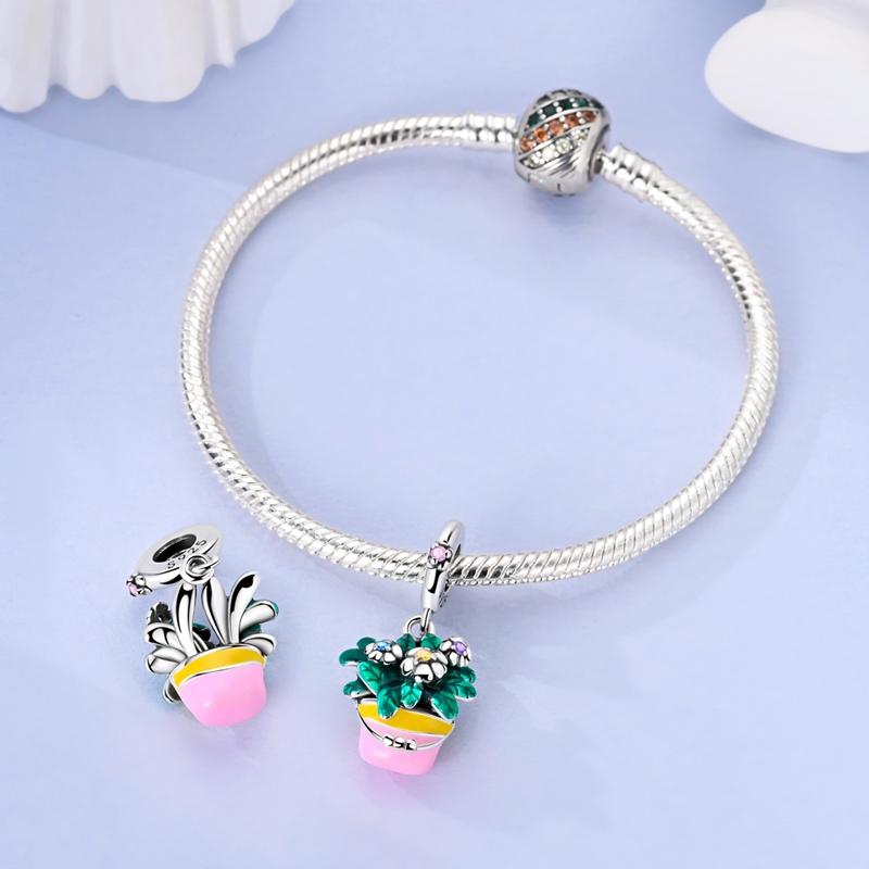 Charms Copper Colorful Zircon Potted Flower Pendants Fit Charms Plata Original Bracelet Beads Women Jewellery Making Diy