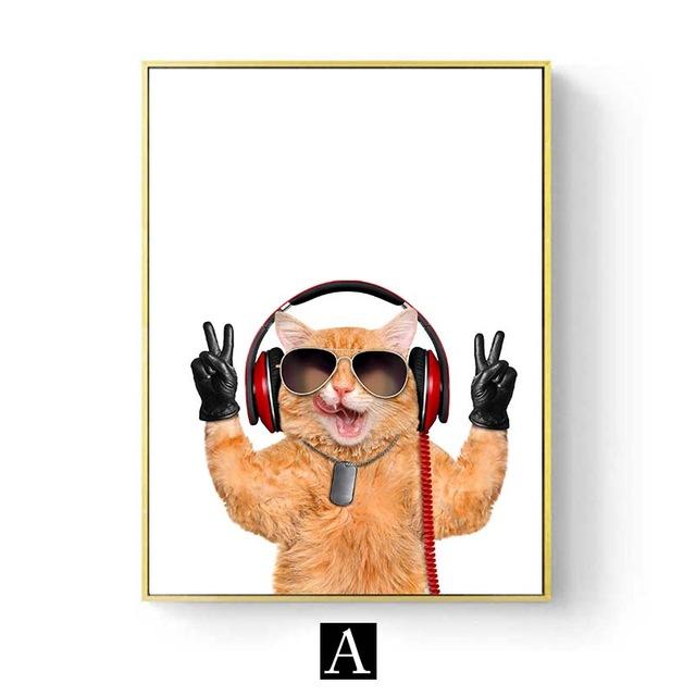Funny Animal Wearing Headphones Wall Art Poster Cute Cat Dog Canvas Print Painting Nordic Kids Baby Room Decoration Pictures
