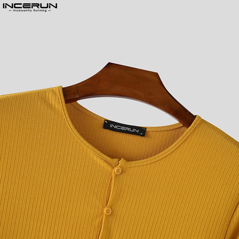 INCERUN Herbst Herren Langarm Einfarbig Rippenmuster Figurbetont Pullover Tops Unterhemden