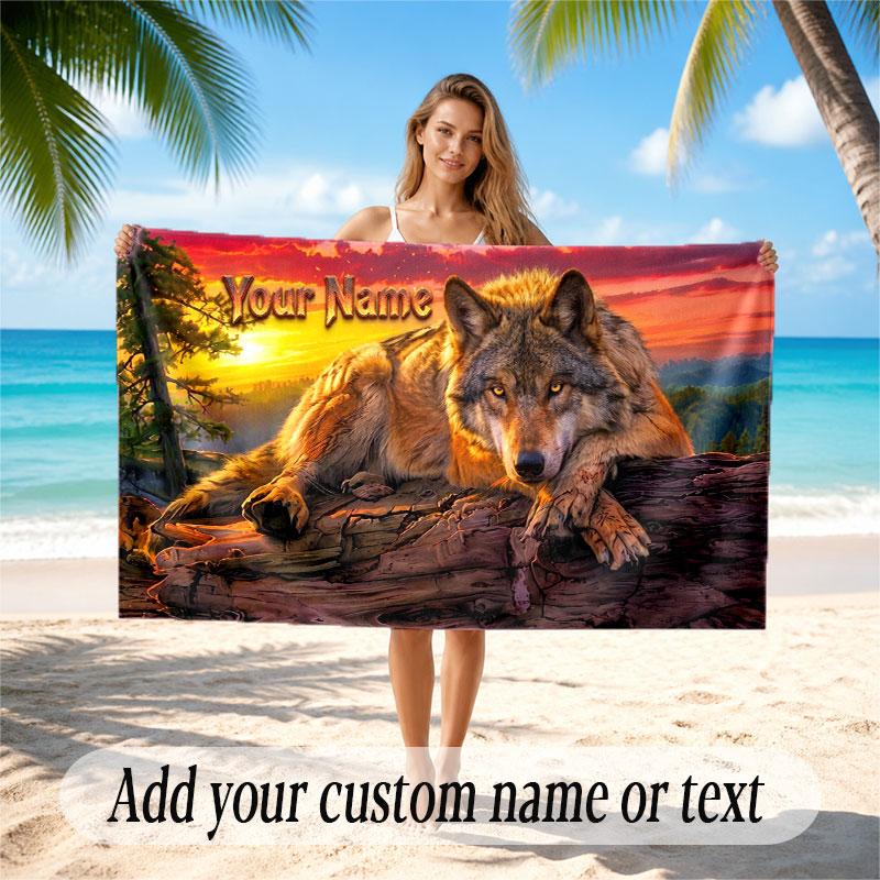 Wolf Theme Beach Towel Personalized Custom Name & Text Soft Quick Dry Beach Towel for Swimming Travel