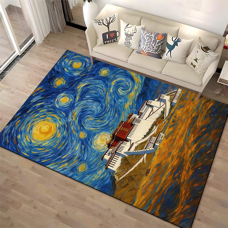 "Starry Night-Inspired Landscape Rug with Mountain Architecture Design" Suitable for Use As an Anti-slip for Living Room Bedroom Sofas