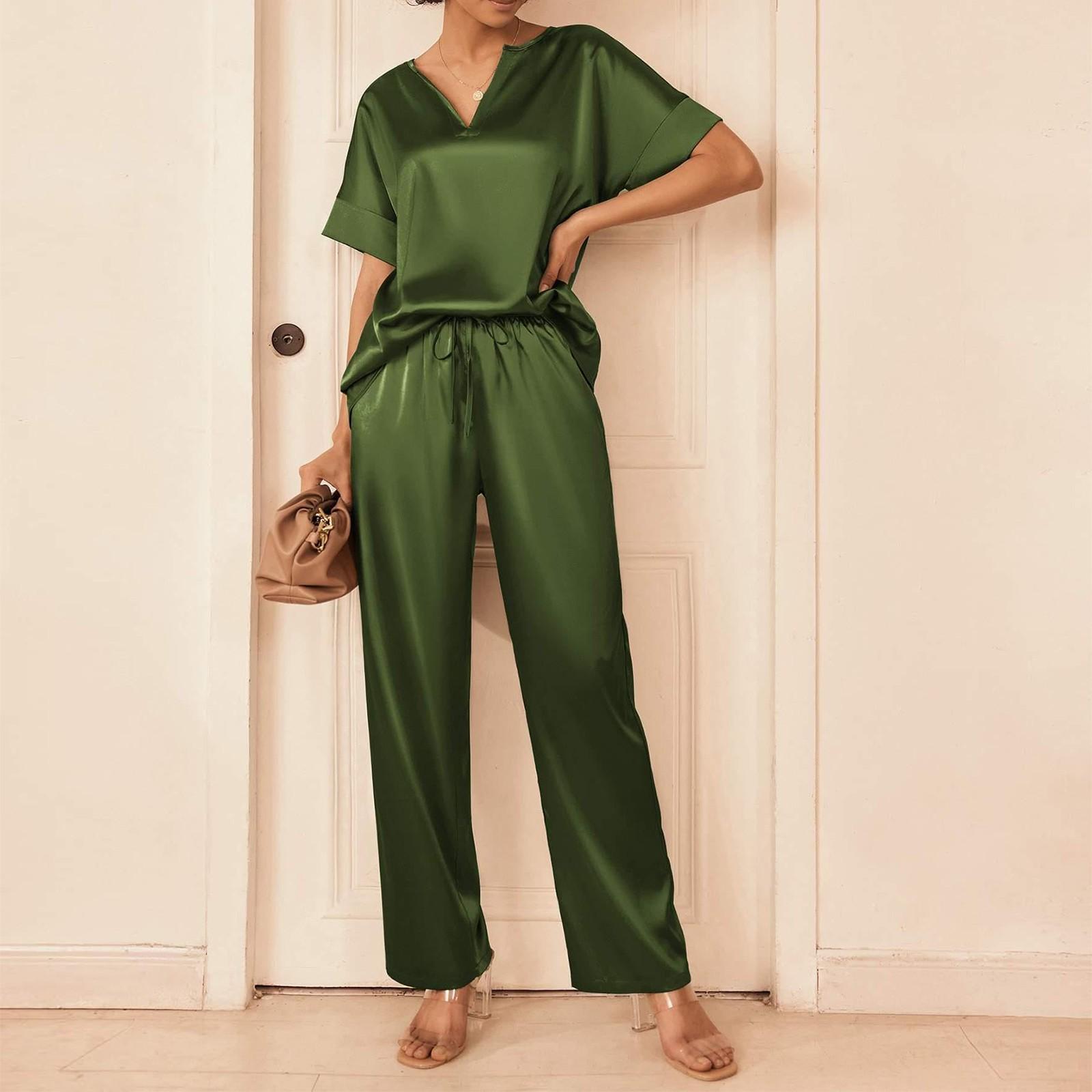 

Женская шелковая рубашка с коротким рукавом и V-образным вырезом, длинные брюки, мягкий комплект домашней одежды L армия зеленый