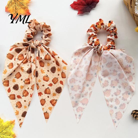 Autumn Theme Hair Ties for Gifts Fall Pumpkin Maple Leaf Tie Women, Bow Knot Ribbon Ponytail Cute Scrunchies Holiday Parties Holder, Soft Fabric