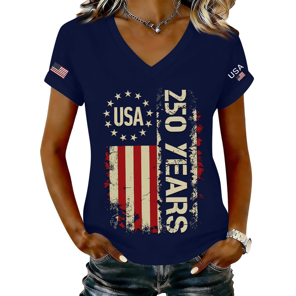 Women's Fashionable V-Neck Casual Retro Print Short Sleeved T-shirt Top