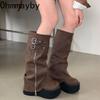 Punk Style Women Knee High Boots Designer Belt Buckle Platform Heel Shoes Autumn Winter Long Booties