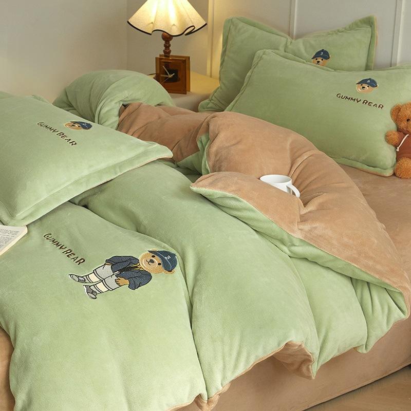 Thickened Milk Fleece Four-Piece Children'S Coral Flannel Quilt Cover, Bed Sheet Fleece Embroidery Bedding