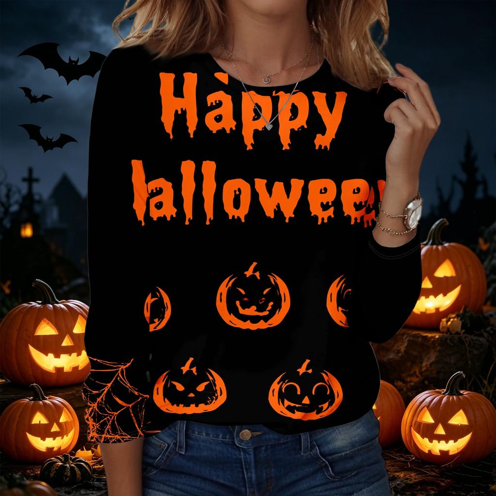 Women's Fashion Casual Long Sleeve Halloween Print Pullover Sweatshirt Crew Neck Top Comfortable Fit Seasonal Style