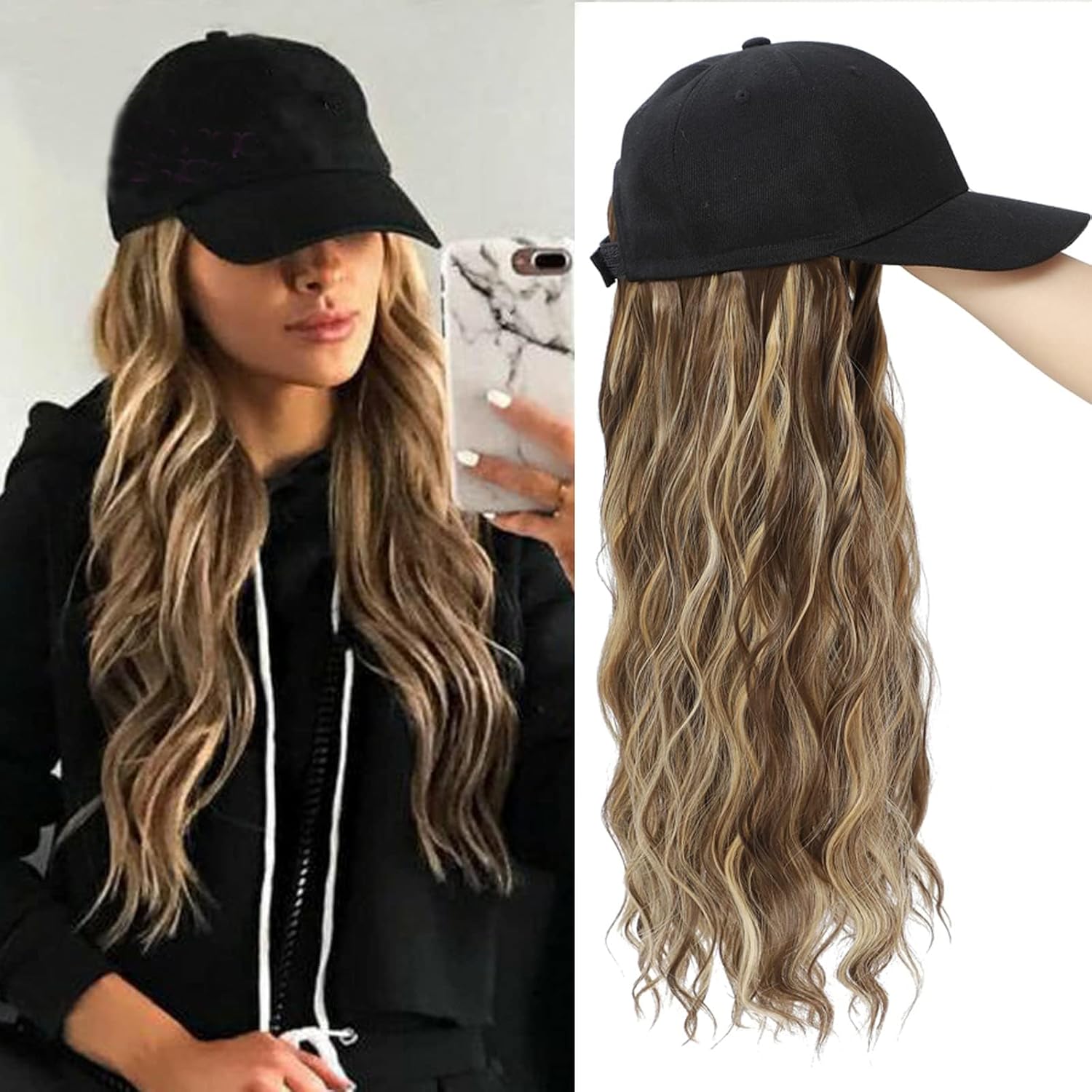 Baseball Cap Wig Long Natural Wavy Hair Extensions Heat Resistant Synthetic Mix Brown Blonde Fiber Adjustable Modern Hat (light brown,22 inch) светло-коричневого