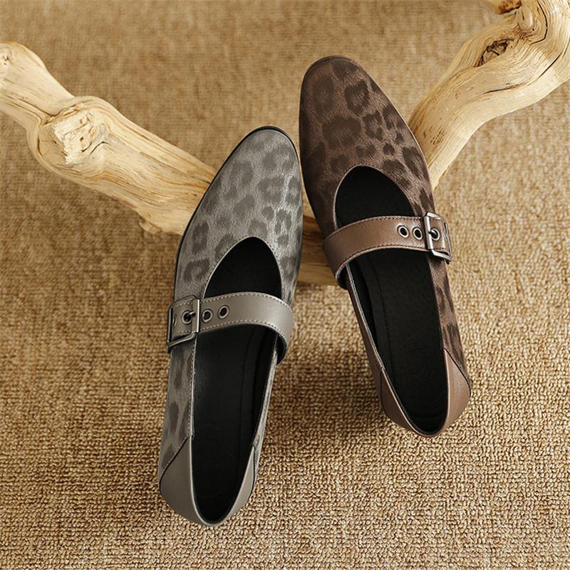 Fashion New Spring/summer Mary Jane Shoes Genuine Leather Shoes for Women Fashion Leopard Print Round Toe Shallow Women Pumps Low Heels