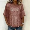 Damen Pailletten Tops Glitzer Blusen Rundhals Kurzarm Hemden