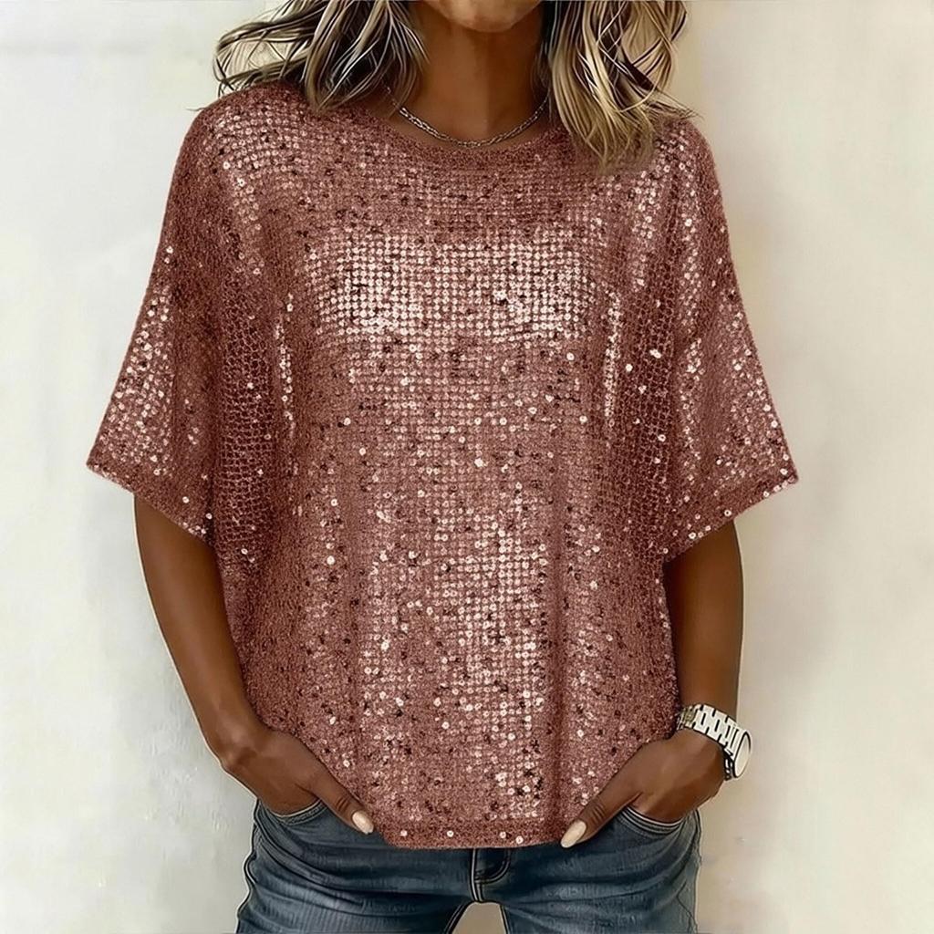 Damen Pailletten Tops Glitzer Blusen Rundhals Kurzarm Hemden