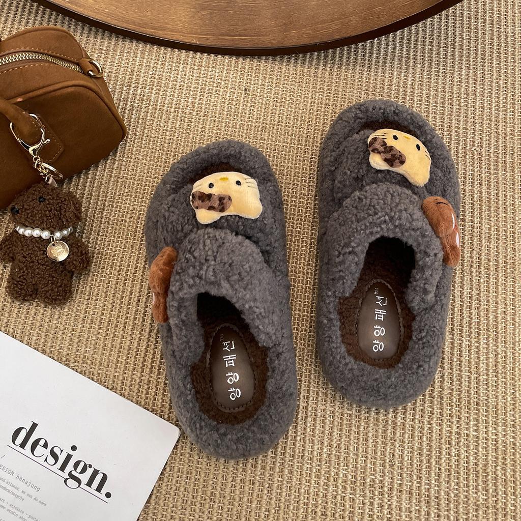 Cute cartoon black non-slip thick-soled fluffy slippers for women's outer wear 2025 new autumn and winter versatile soft bottom one-word drag