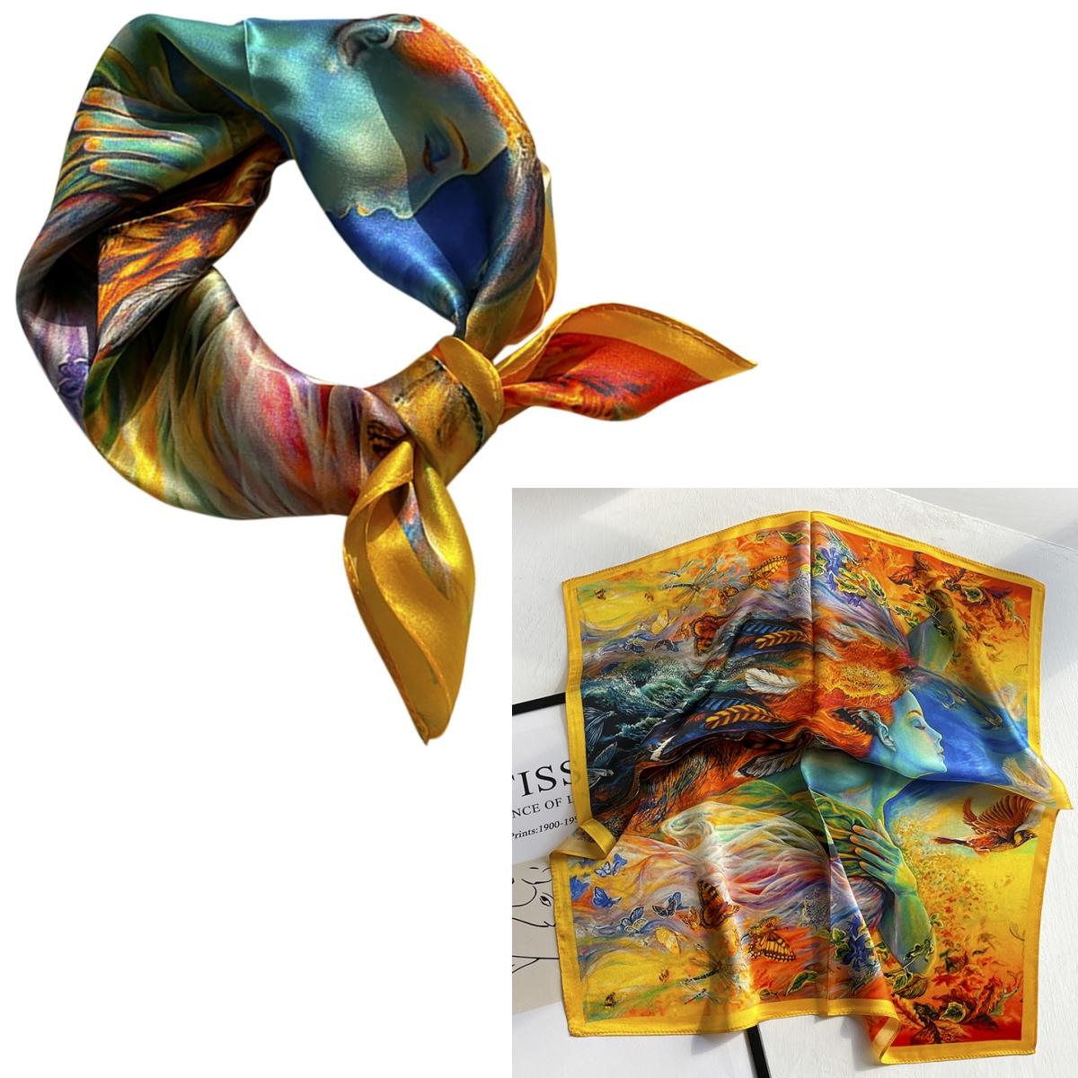 

Women 100% Mulberry Real Silk Scarf 53cm Luxury Kerchief Spring Autumn Neckerchief Brand Oil Painting Chinese & Painting Style