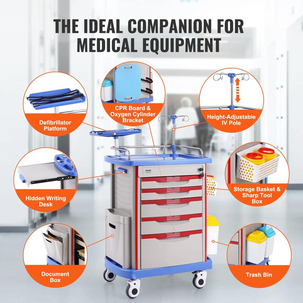 VEVOR 5 Tiers Lab Carts, Lab Utility Cart with 5 Drawers & 4 Silent Wheels, Mobile Medical Cart with PP Material