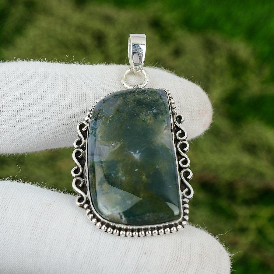 Gift For Her 925 Sterling Silver Natural Solar Moss Agate Gemstone Pendant