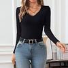 Mote dame V-hals langermet slim ribbestrikket T-skjorte ensfarget topper