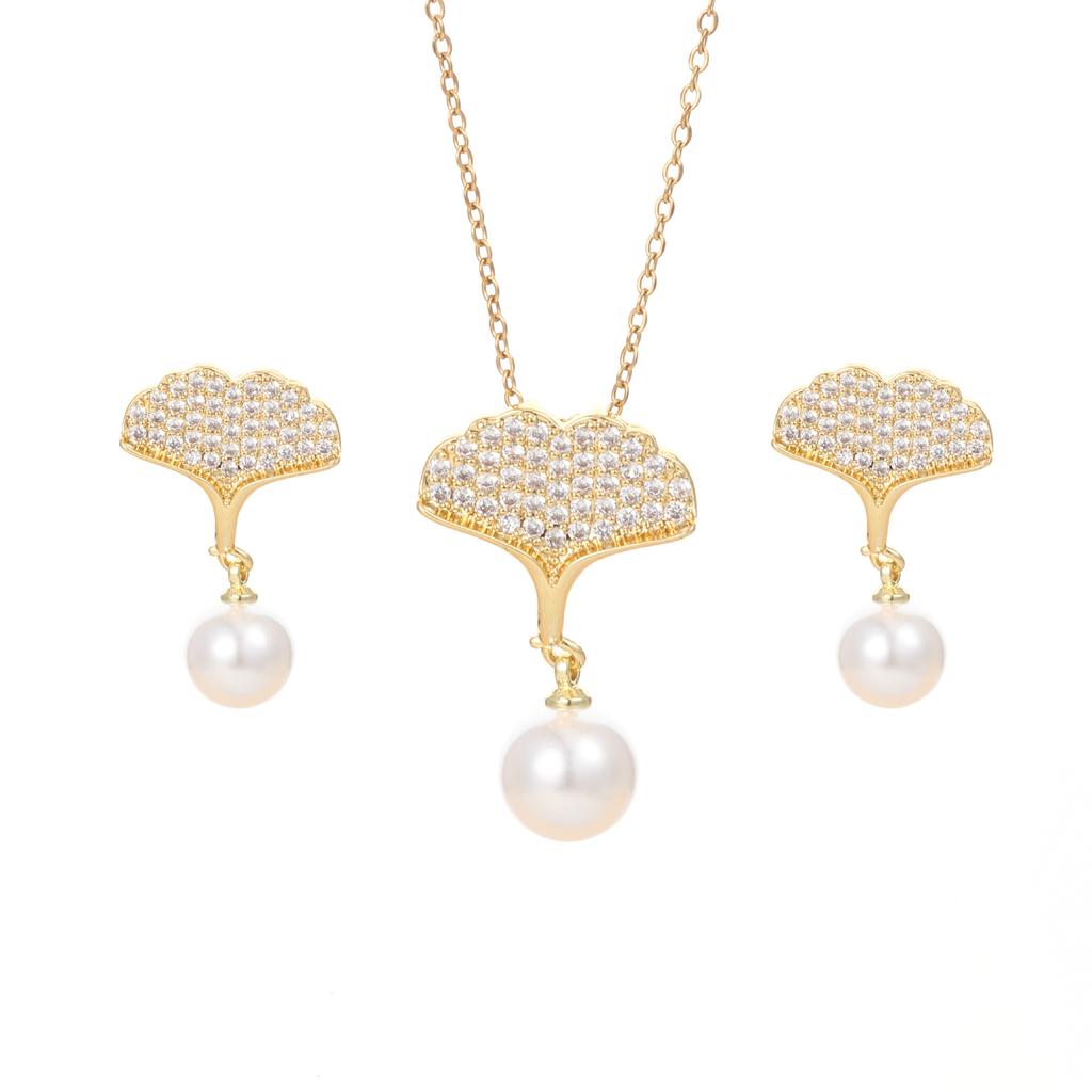 Pearl Ginkgo Biloba Necklace Women'S Light Luxury Premium Zircon Pendant Earrings Set