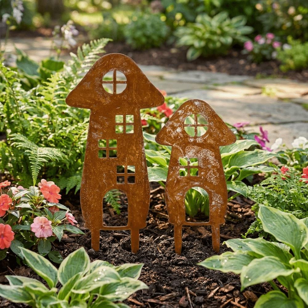 Metal Mushroom Garden Inserts Retro Style Handmade Garden Decoration Pile Mushroom House-Shaped Rusty Mushroom Plaque Patio