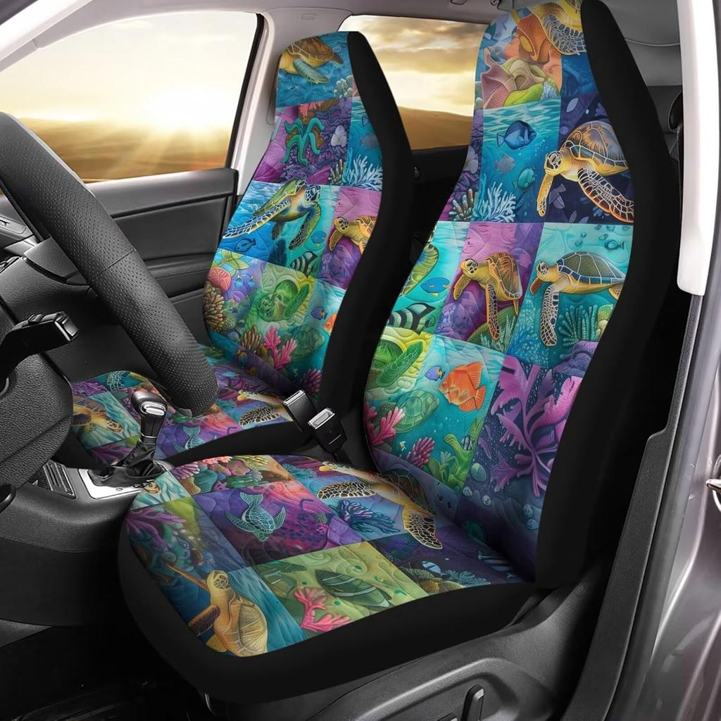 Bulopur Multicolor Polyester Universal Fit Car Truck SUV Van Automotive Seat Covers, 2pcs Front, Hibiscus Floral & Sea Turtle Print