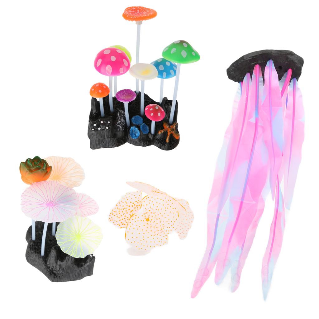 4 Pack Simulation Mushrooms Aquarium Decoration Coral Mushroom Soft Silicone Glow Plant